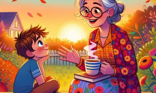 A teacher, a middle-aged woman with silver hair and round glasses, smiles warmly while sitting on a wooden bench in her garden. She wears a brightly colored floral dress and holds a steaming cup of tea, her gaze sparkling with nostalgia and kindness. Next to her, a ten-year-old boy, Sammy, with messy brown hair and a blue t-shirt, listens attentively, his eyes shining with admiration and curiosity. The garden is filled with colorful flowers, and trees with golden leaves gently shed, creating a warm and welcoming atmosphere. In the background, the sky is tinted with orange and pink hues, signaling sunset. The main scene shows the teacher sharing captivating stories from her teaching career, while Sammy, seated beside her, is enthralled by her tales, illustrating the magic of learning and the connection between a teacher and a student.