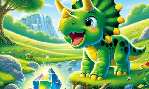 Ein Triceratops namens Trixi mit grün-gelbem Fell steht fröhlich am Rand eines glitzernden Baches, seine drei Hörner stolz gen Himmel gerichtet. Er lächelt breit, seine Augen funkeln vor Aufregung, während er einen wunderschönen, leuchtenden und geheimnisvollen Kristall im Wasser betrachtet. Neben ihm springt seine beste Freundin Stella, ein kleiner Stegosaurus mit bunten Platten, vor Freude, ihre Augen strahlen vor Staunen. Sie zeigt auf den Kristall und steht direkt neben Trixi, bereit, ihm zu helfen, diesen Schatz zu entdecken. Im Hintergrund erstreckt sich eine grüne Wiese bis zum Horizont, übersät mit bunten Blumen und großen Bäumen unter einem strahlend blauen Himmel. Die Szene strahlt eine Atmosphäre von Magie und Abenteuer aus, während Trixi und Stella sich auf eine neue faszinierende Entdeckung vorbereiten.
