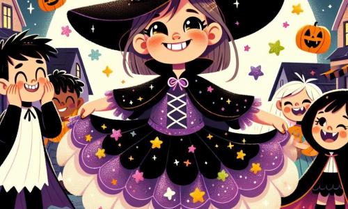 O fetiță de 4 ani, Lia, stă în centrul imaginii, purtând un costum de vrăjitoare negru și violet, cu o mare pelerină strălucitoare și o pălărie ascuțită. Are ochi mari strălucitori de curiozitate și un zâmbet radiant, în timp ce își învârte pelerina, înconjurată de stele colorate care plutesc în jurul ei. La dreapta ei, un băiat de 5 ani, îmbrăcat în vampir, o privește pe Lia cu uimire, cu brațele încrucișate pe piept. La stânga ei, o fetiță de 4 ani, îmbrăcată în fantomă, râde vesel în timp ce arată cu degetul spre stelele care ies din pălăria Liei. Scena se desfășoară într-un cartier animat, unde casele sunt decorate cu dovleci zâmbitori și pânze de păianjen. Cerul este plin de stele și o lumina blândă a lunii luminează calea, în timp ce frunzele de toamnă dansează în vânt. Lia, plină de magie și bucurie, le arată prietenilor săi stelele care ies din pălăria ei, creând o atmosferă festivă și încântătoare, unde prietenia și uimirea se împletesc cu spiritul de Halloween.