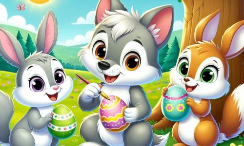 A little wolf named Wally, with soft gray fur and sparkling joyful eyes, is sitting under a large tree in a sunny meadow, painting colorful Easter eggs with a brush. Next to him, a small rabbit named Benny, with brown fur and big ears, smiles while holding a decorated egg with a smiling face, while a squirrel named Lily, with red fur and a bushy tail, bursts out laughing as she sprinkles glitter on her shiny egg. The setting is a lush meadow dotted with bright flowers, bathed in golden sunlight, with a clear blue sky in the background. The main scene shows Wally and his friends joyfully painting Easter eggs, surrounded by laughter and creativity, ready to share their creations with the world.