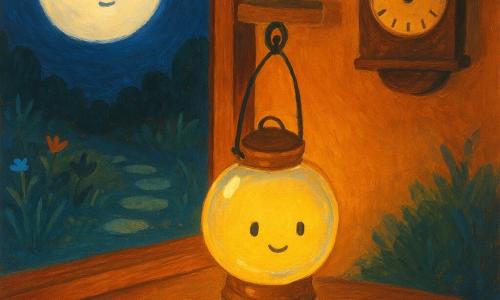 Uma pequena lanterna de vidro redonda e brilhante, personagem principal, emite uma luz suave e tímida enquanto desce de uma prateleira de madeira, seus reflexos criando manchas amarelas e douradas no chão; tem um rosto simples pintado à mão, olhos curiosos e sorriso discreto, e uma pequena mão de metal segura a corda. A lua, disco grande e leitosa, personagem secundário, observa calma e benevolente pela janela com reflexos azul-pálidos; um velho relógio de madeira com ponteiros negros e um tique-taque visível permanece paciente na parede próxima. O jardim noturno, com ervas em pinceladas verdes e azuis, algumas flores estilizadas, pedras redondas brilhantes e uma sebe suave, banha a cena em claro-escuro quente. A lanterna desce cautelosamente e está prestes a sair pela janela aberta para o jardim, a cena capturada quando sua luz ilumina um pequeno canto escuro, em uma atmosfera serena e curiosa.