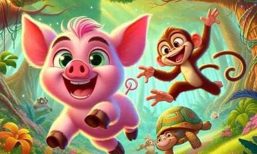 Um porquinho alegre chamado Pipo, com pelagem rosa brilhante e olhos brilhantes de travessura, corre entusiasticamente por uma floresta encantada, suas patinhas levantando-se na grama verde. Ao seu lado, um macaco travesso chamado Tico, com pelagem marrom e uma cauda longa e ágil, faz acrobacias pulando de galho em galho, rindo à toa. Mais adiante, uma tartaruga chamada Tula, com uma carapaça colorida e um olhar determinado, avança devagar, mas firme, pelo caminho, incentivando seus amigos a continuar. A floresta é cheia de árvores majestosas com folhas brilhantes, flores coloridas e uma suave luz dourada filtrando pelas ramas. A cena retrata o momento em que Pipo e Tico se lançam em uma corrida maluca em direção a um delicioso bolo de frutas, cercados de risadas e excitação, ilustrando o espírito de aventura e amizade.