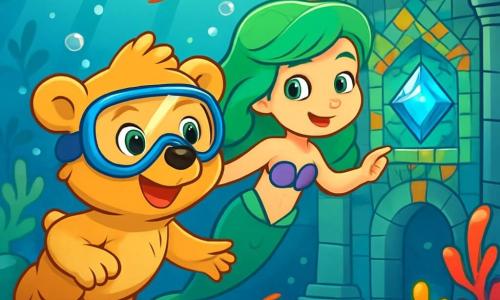 Un giovane orso dal pelo dorato, con occhi scintillanti di curiosità, nuota felicemente sott'acqua indossando una maschera da sub luccicante. Sorride, muovendo le zampe anteriori con agilità nell'acqua chiara. Accanto a lui, una piccola sirena dai lunghi capelli ondulati di un verde brillante, con un'espressione amichevole, lo accompagna mostrandogli la strada. Fluttua graziosamente, circondata da bolle d'aria. Lo scenario è una valle sottomarina magica, piena di coralli colorati, pesci dalle squame brillanti e raggi di luce che filtrano attraverso la superficie dell'acqua. Le alghe danzano lentamente al ritmo delle correnti marine, creando un'atmosfera incantata. La scena principale mostra l'orso e la sirena che esplorano insieme un antico tempio sottomarino, i cui muri sono decorati con mosaici scintillanti, mentre una gemma blu luminosa brilla al centro, attirando la loro attenzione meravigliata.