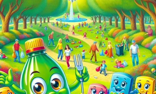 Na środku obrazu stoi mała zielona plastikowa butelka o imieniu Buteleczka, z dużymi, błyszczącymi oczami i ciepłym uśmiechem, na zielonej trawie, pełna energii i entuzjazmu, trzymając kolorowy plakat zapraszający ludzi do wzięcia udziału w sprzątaniu parku. Obok niej znajduje się grupa wesołych, kolorowych kamyków z uśmiechniętymi twarzami, zachęcających przechodniów do przyłączenia się; jeden z kamyków, największy, ma zdecydowany wyraz twarzy i wskazuje na plakat, podczas gdy inne skaczą radośnie wokół Buteleczki. Miejsce to słoneczny park, pełen majestatycznych drzew z jaskrawymi liśćmi, kolorowych kwiatów i krętych ścieżek, gdzie dzieci bawią się, a rodziny spacerują, tworząc radosną i przyjazną atmosferę. Główna sytuacja pokazuje Buteleczkę i jej przyjaciół organizujących wielkie wydarzenie sprzątania, z ludźmi w każdym wieku zbierającymi się wokół nich, gotowymi do zbierania śmieci i uczącymi się o znaczeniu ochrony środowiska, wszystko w festiwalowej i angażującej atmosferze.