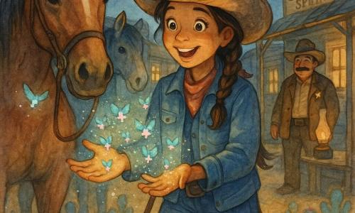 A young cowgirl of about 20, joyful and amazed, bright eyes, braided brown hair under a leather hat, denim jacket and fringe boots, holding her horse's reins with one hand and presenting small glowing beings with the other; the bay horse Star, calm with ears pricked, stands to her left; Sheriff Buck, about 50 with a thick mustache, brown jacket and hat, smiling and slightly surprised, stands in the background right near an oil lamp; several small cactus sprites like pixelated miniature butterflies with shimmering blue-green wings and pale pink luminous bodies fly around leaving light trails; Sagebrush Springs village square at night with ochre dusty ground, weathered wooden facades, hanging lanterns, a clear full moon and indigo starry sky; foreground carpet of small glowing blue and pink cacti casting soft light on faces; central scene conveys warm, gentle magic and collective wonder in pastel watercolor with fine lines and visible paper texture.