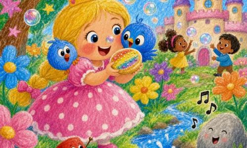 Eine fröhliche, lächelnde Prinzessin mit großen runden Augen, blonden Zöpfen und rosa Kleid mit weißen Punkten teilt mit beiden Händen einen großen Regenbogenkeks, auf ihrer rechten Schulter sitzt Flock, ein rundes blaues Vögelchen mit aufgeplusterten Flügeln, ein winziger roter Hut mit gelbem Band springt und rollt vergnügt vor ihr, ein hellgrauer lächelnder Kiesel mit kleinen Augen liegt am Ufer eines hellblauen Bachs und scheint zu singen; im Hintergrund ein kleines Schloss mit runden Türmen und Fenstern, ein Garten mit riesigen bunten Blumen und funkelnden Bäumen mit sternförmigen Blättern, um die Szene schweben glänzende Blasen, die die Nasen kitzeln, Atmosphäre lustig, farbenfroh und zärtlich, einfacher Buntstiftstrich, gesättigte Farben, weiche Konturen, körnige Bleistifttextur, klare fröhliche Komposition für Kleinkinder.