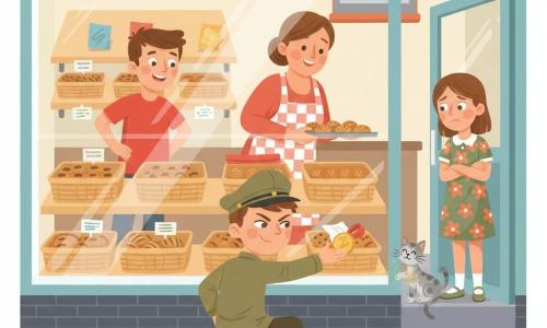 Max, etwa 10 Jahre, kniet vor der sauberen Schaufensterscheibe einer Bäckerei und streckt die Hand nach einer halb versteckten goldenen Medaille aus; Jonas, ebenfalls etwa 10, rotes T‑Shirt, Hände in die Hüften, steht leicht links hinter Max und schaut zur Medaille; Anna, ca. 11, schüchtern und erleichtert in einem geblümten Kleid, steht rechts bei der Tür; Frau Funkel, etwa 50, mit warmem Lächeln und karierter Schürze, lehnt sich von innen mit einem Tablett Brötchen zur Vitrine; die kleine getigerte Katze Minka hat eine Pfote auf dem Fensterbrett mit etwas goldenen Glitzer; helle Holzregale, Korb mit Rosinenbrötchen, bunte Preisplakate und rot‑weiß gestreifter Vorhang, sanftes Morgenlicht und Reflexe auf der Scheibe, Bildkomposition zentriert auf Max’ Hand beim Erfassen der Medaille, Atmosphäre eines kleinen gelösten Geheimnisses.