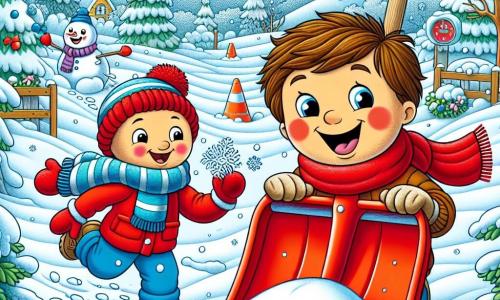 Flurry, a bright red shovel with a long wooden handle, is at the center of the image, displaying a joyful and enthusiastic expression as it digs into the fresh snow. Its contours are well-defined, and its scoop is filled with sparkling snowflakes. Next to it is Sam, a young boy with brown hair and rosy cheeks from the cold, dressed in a bright blue coat and a striped scarf. He is laughing heartily, throwing snowballs while looking at Flurry with admiration. The setting is an enchanting winter garden, with majestic snow-covered trees, snowflakes gently falling from the light blue sky, and a well-cleared path leading to a snow fort they just built. The scene shows Flurry and Sam creating paths in the snow, filled with joy and adventure, capturing the playful spirit of winter.