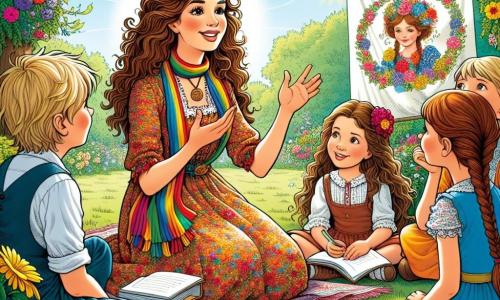 Eine Frau namens Frieda, etwa dreißig Jahre alt, mit welligem braunem Haar und einem warmen Lächeln, steht im Zentrum eines sonnigen Gartens. Sie trägt ein buntes Kleid und einen lebhaften Schal und spricht begeistert mit einer Gruppe von Kindern. Max, ein 8-jähriger Junge mit zerzaustem blonden Haar, sitzt im Schneidersitz neben ihr, seine Augen glänzen vor Aufregung, während Lea, ein 7-jähriges Mädchen mit langen Zöpfen, aufmerksam zuhört, ein Notizbuch auf ihren Knien. Der Garten ist mit bunten Blumen gefüllt, und üppige Bäume bilden einen friedlichen Rahmen. Im Hintergrund hängt ein großes Papierbanner mit dem Wort 