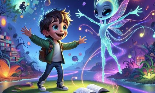A 12-year-old boy, Max, with tousled hair and sparkling curious eyes, stands on a small floating island, smiling with open arms as if welcoming the world. Next to him, Ori, an alien child with shimmering tendrils and iridescent skin, dances joyfully, his large bright eyes expressing excitement. In the background, a library of glowing pages floats in the air, surrounded by colorful plants vibrating to a soft melody. The scene takes place on Nebulon Five, a planet of floating islands bathed in purple and green light, with rivers of light winding between the islets. Max and Ori are celebrating the discovery of lost memories, surrounded by a festive atmosphere where bursts of light and musical notes dance around them, creating a magical and joyful ambiance.