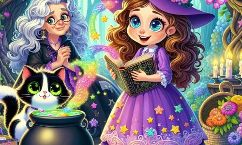 Ginevra, una giovane apprendista strega di nove anni, è al centro dell'immagine. Ha lunghi capelli ricci, occhi brillanti di curiosità e indossa un vestito viola decorato con stelle scintillanti. Sorride con meraviglia, tenendo un grande calderone fumante, da cui fuoriescono bolle colorate. Accanto a lei, Moka, la sua gatta, è seduta per terra con un'espressione birichina, i suoi occhi brillano di eccitazione. È un gatto dai peli morbidi e setosi, con macchie bianche e nere. Sullo sfondo, la Maestra Morgana, una strega saggia e benevola di circa cinquanta anni, osserva Ginevra con un sorriso incoraggiante. Ha capelli argentati, un lungo vestito e un cappello a punta, e tiene un libro antico tra le mani. La scena si svolge nel giardino magico della scuola delle streghe, dove fiori colorati danzano al ritmo di una dolce brezza, e alberi dai tronchi contorti portano lanterne scintillanti. Farfalle multicolori volano intorno, aggiungendo un tocco di magia all'atmosfera. Ginevra sta preparando una pozione nel suo calderone, mentre bolle di diversi colori si alzano, creando un'atmosfera gioiosa e incantata.