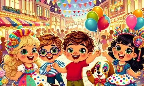 In una gioiosa scena di carnevale, quattro bambini si trovano al centro della grande piazza colorata di Colorella. Rocco, un ragazzo di 8 anni con i capelli castani arruffati e una maglietta rossa, balla con entusiasmo, con un grande sorriso sul volto. Alla sua destra, Emma, una ragazza di 7 anni con capelli biondi e ricci, indossa un vestito a pois multicolori e tiene un palloncino a forma di cane. Leo, un ragazzo di 6 anni con occhiali e capelli castani, salta di gioia, vestito con un costume da clown e un naso rosso. Infine, Sofia, una ragazza di 7 anni con lunghe trecce nere, indossa una maschera di carnevale brillante e tiene un cesto pieno di caramelle colorate. La piazza è animata, decorata con festoni colorati e luci scintillanti, con stand di dolci e artisti di strada che si muovono sullo sfondo. I coriandoli volano nell'aria, aggiungendo un tocco magico all'atmosfera festiva. I bambini stanno celebrando la loro vittoria dopo aver trovato il tesoro nascosto del carnevale, circondati da risate e musica, pronti a condividere la loro felicità con gli altri partecipanti alla festa.