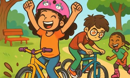 Una niña de 12 años, con cabello rizado y una gran sonrisa, lleva un casco rosa decorado con pegatinas de unicornios. Está pedaleando con entusiasmo en su bicicleta, con los brazos levantados en señal de victoria y los ojos brillantes de alegría. Junto a ella, un niño de 15 años, con gafas y cabello desordenado, está en una bicicleta brillante, concentrado en no caer en un pequeño agujero. Una niña de 13 años, con trenzas y una mirada traviesa, está en unos patines, riendo mientras intenta alcanzarlos. El escenario es un parque verde, con árboles frondosos, un camino de tierra y un banco rojo bajo un gran roble. La situación principal muestra la carrera desenfrenada de los niños, llena de risas y camaradería, con salpicaduras de barro y hojas volando a su alrededor, creando una atmósfera alegre y dinámica.