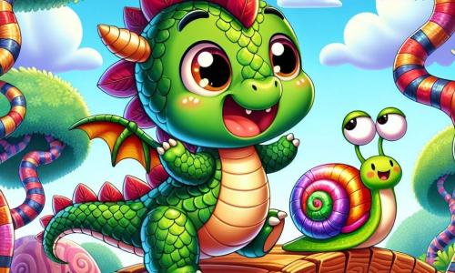 Un pequeño dragón redondo llamado Pompón, con escamas verdes brillantes y alas en forma de hojas, está de pie sobre un puente de madera saltando alegremente. Tiene una gran sonrisa divertida y unos ojos chispeantes de curiosidad. A su lado, un caracol llamado Don Tico-tico, con una concha espiralada colorida y antenas temblorosas, mira al dragón con una expresión alegre y alentadora. Al fondo, un bosque de árboles torcidos con troncos multicolores y piedras cantoras añaden un toque mágico al paisaje. La escena muestra a Pompón y Don Tico-tico riendo mientras intentan cruzar el puente que se balancea, creando una atmósfera lúdica y llena de aventura.
