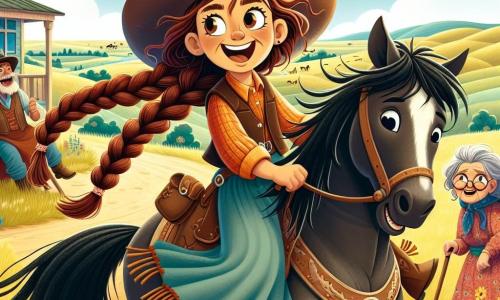 Lila, młoda cow-girl z długimi, splecionymi brązowymi włosami, nosi kapelusz kowbojski i skórzaną kamizelkę. Ma zdeterminowany i radosny wyraz twarzy, tańcząc z entuzjazmem na zakurzonej ziemi, obok niej stoi jej czarny koń, Błyskawica, zbierając energię. Greta, starsza kobieta z siwymi włosami i błyszczącymi oczami, stoi w tle, dumnie się uśmiechając i trzymając kij do chodzenia. Ma na sobie kolorową sukienkę i chustkę, z podziwem obserwując Lilę. Tło to rozległa, słoneczna łąka z falistymi wzgórzami na horyzoncie, kolorowymi dzikimi kwiatami i jasnoniebieskim niebem z białymi chmurami. Scena pokazuje Lilę tańczącą radośnie, aby rozbawić grupę przejeżdżających złodziei, którzy śmieją się i są zaskoczeni jej odwagą, podczas gdy Błyskawica, jej wierny koń, wydaje się gotowy towarzyszyć jej w tej przygodzie.