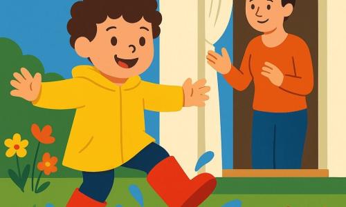 A 4-year-old boy with curly brown hair, round cheeks and bright laughing eyes, wearing shiny oversized red boots and a yellow raincoat, proudly jumping into a puddle with visible splashes; his mother (about 30) with her hair in a bun and a tender smile stands in the doorway behind him, hand raised as if applauding, white door and light curtain in the background; small front garden with wet green lawn, colorful flowers at the edge, painted wooden front door and green doormat, pale blue sky with a few white clouds; joyful, triumphant moment after he put on the boots, confident pose and warm, luminous atmosphere.