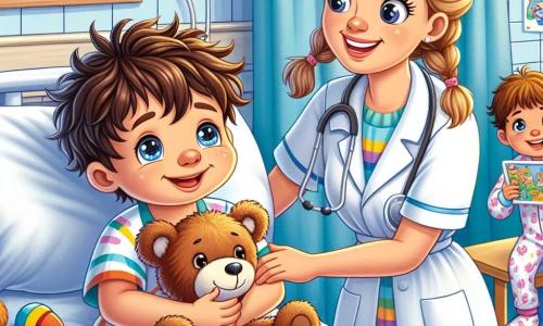 Ein vierjähriger Junge namens Max liegt in einem Krankenhausbett. Er hat unordentliche braune Haare, neugierige Augen und ein großes Lächeln, das zeigt, dass er trotz seiner Krankheit glücklich ist. Er hält einen braunen Plüschbären in den Armen, seinen treuen Begleiter. Neben ihm steht eine lächelnde Krankenschwester namens Anna, etwa 30 Jahre alt, in einem weißen Kittel und einem bunten Hut. Sie beugt sich zu Max und zeigt ihm eine schöne Zeichnung, die sie für ihn gemacht hat. In einer Ecke des Zimmers sitzen zwei Kinder, Mia und Paul, fünf und vier Jahre alt. Mia hat blonde Haare mit Zöpfen, trägt einen rosa Schlafanzug mit Blumenmustern und lacht fröhlich. Paul, mit braunen Haaren und einem blauen Schlafanzug, hält ein Brettspiel und scheint ungeduldig zu sein, zu spielen. Die Szene spielt in einem hellen Krankenhauszimmer mit hellblauen Wänden, die mit Tier- und Wolkenskizzen verziert sind. Bunte Spielzeuge liegen auf einem kleinen Tisch, und ein großes Fenster lässt Sonnenlicht herein, was eine warme Atmosphäre schafft. Die Hauptsituation zeigt Max, umgeben von seinen neuen Freunden und der Krankenschwester, die zusammen spielen, lachen und Geschichten teilen, und so einen fröhlichen und tröstlichen Moment schaffen, trotz des Krankenhauskontexts.