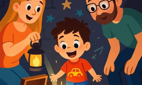 Um menino de 4 anos, com cabelos castanhos bagunçados e olhos brilhantes de curiosidade, está em frente a um buraco misterioso no chão de madeira. Ele usa uma camiseta vermelha com um desenho de carro e um short azul, seu rosto irradia excitação e maravilha. Ao seu lado, sua mãe, uma mulher de cerca de 30 anos com cabelos longos e loiros, sorri ternamente enquanto segura uma lanterna que ilumina o caminho. Seu pai, um homem de cerca de 32 anos com uma barba leve e óculos, se inclina para olhar no buraco, exibindo uma expressão de intriga. O local é um porão escuro e misterioso, com paredes de pedra rugosa, teias de aranha nos cantos e raios de luz filtrando por fendas. Ao fundo, desenhos de estrelas e setas coloridas adornam as paredes, enquanto pedras brilhantes iluminam o chão. A cena principal mostra o menino, com os olhos arregalados, descobrindo uma caixa de madeira antiga, cheia de moedas de chocolate douradas, sob um feixe de luz mágica. A atmosfera é cheia de mistério e aventura, com um toque de magia e alegria familiar.