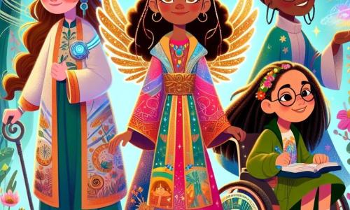 În centrul imaginii, patru fete stau împreună, fiecare cu un stil unic. Ana, o fată de 10 ani cu părul creț și ochi strălucitori, poartă o tunică colorată și aripi strălucitoare, pregătită să zboare. La dreapta ei, Ioana, tot de 10 ani, are părul blond și ochelari rotunzi, îmbrăcată într-o rochie cu motive futuriste, ținând un dispozitiv ciudat plin de butoane. La stânga, Mara, o fată de 9 ani cu părul roșu și împletituri, poartă o rochie verde și zâmbește vorbind cu o veveriță mică la picioarele ei. În final, Raluca, o fată de 11 ani cu părul castaniu și un zâmbet cald, stă pe scaunul ei cu rotile, înconjurată de flori colorate care dansează în vânt. Decorul este o pădure magică, cu copaci înalți și majestuoși, trunchiuri în spirală și frunze strălucitoare. Fetele descoperă o ușă din lemn sculptată, împodobită cu rune luminoase, care se deschide spre o lume fantastică, privindu-se cu uimire, pregătite pentru o nouă aventură plină de magie și mister.