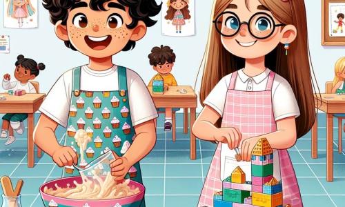 Um menino de 8 anos, Lucas, com cabelos cacheados e um grande sorriso radiante, está misturando uma massa de bolo em uma tigela colorida. Ele usa um avental com estampas de cupcakes e parece feliz e concentrado, com grãos de farinha no rosto. Ao lado dele, sua melhor amiga Sofia, uma menina de 8 anos com cabelos longos e lisos, usa óculos e ajusta uma pequena maquete de ponte feita de blocos de construção. Ela sorri orgulhosamente, mostrando seu entusiasmo pelo projeto. A cena acontece em uma sala de aula iluminada, decorada com desenhos de crianças e guirlandas coloridas, com mesas de madeira onde outros alunos trabalham em seus projetos. No fundo, cartazes sobre igualdade de gênero adornam as paredes, adicionando um toque educativo ao ambiente. A situação principal mostra Lucas e Sofia colaborando alegremente para a feira de profissões da escola, ilustrando a ideia de que meninos podem cozinhar e meninas podem construir, celebrando assim a igualdade de gênero com criatividade e camaradagem.