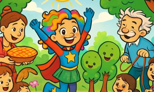 Al centro dell'immagine, Stella Stropicciata, una supereroina gioiosa, è rappresentata con capelli ricci e colorati come un arcobaleno, indossando un costume brillante che scintilla sotto il sole. Sorride ampiamente, i suoi occhi brillano di eccitazione, mentre danza con alberi di peluche intorno a lei, le braccia sollevate in una posa dinamica. Alla sua destra, il signor Barbagelo, un uomo di circa 70 anni, ha capelli grigi in disordine e baffi lunghi che ondeggiano al vento. Ride mentre gioca a saltare la corda con i bambini, leggermente in disparte, ma radioso di felicità. A sinistra, la signora Pasticciotta, una donna di cinquant'anni con un grembiule a pois e capelli raccolti, sta tirando fuori una grande torta dorata da un cesto. Sorride calorosamente, circondata da piccoli bambini che la osservano con meraviglia. Il panorama è un parco vibrante di colori, con alberi dalle foglie verdi brillanti e fiori multicolori che danzano al ritmo della musica. Ghirlande di bandierine colorate sventolano nell'aria e tavoli sono imbanditi con deliziose pasticcerie. La scena principale mostra Stella, circondata da alberi di peluche che danzano gioiosamente, mentre organizza una grande festa di torte, con i paesani che si divertono, ridono e gustano le dolcezze, creando un'atmosfera festosa e piena di vita.