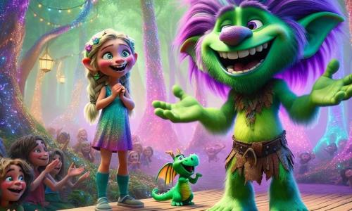 Um troll chamado Trovão, com pele verde brilhante, cabelo bagunçado de cor roxa e grandes olhos curiosos, está em um palco de madeira no meio de um bosque. Ele sorri alegremente, pronto para contar sua piada, com os braços abertos em uma postura acolhedora. Ao seu lado, um pequeno dragão verde, com escamas brilhantes e olhos cintilantes, bate as asas de excitação, rindo da piada de Trovão. Mais adiante, uma menina humana de cerca de 8 anos, com cabelo loiro trançado e um vestido colorido, aplaude entusiasticamente, seus olhos brilhando de admiração pelo troll. O local é um magnífico bosque encantado, repleto de árvores com troncos coloridos, flores dançantes e luzes cintilantes flutuando no ar, criando uma atmosfera mágica e alegre. A situação principal mostra Trovão prestes a contar sua piada para o público divertido, enquanto risadas e aplausos ressoam ao seu redor, preenchendo o ar de alegria e amizade.