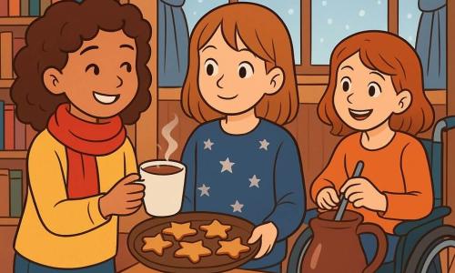 Ci sono 3 personaggi: - Alice: una ragazza di 10 anni con capelli ricci e una sciarpa rossa. Sorride e si trova vicino al tavolo, offrendo una tazza di cioccolata calda a un bambino. - Giulia: una ragazza di 10 anni con un maglione blu decorato con stelle argentate. È attenta e si trova accanto ad Alice, tenendo un vassoio di biscotti. - Marta: una ragazza di 10 anni, dinamica, con un sorriso caloroso, che utilizza una piccola sedia a rotelle. È leggermente in disparte, mentre mescola la cioccolata calda in una grande brocca. Il luogo è una biblioteca accogliente, con grandi finestre che lasciano entrare la luce morbida dell'inverno. Fiocchi di neve cadono lentamente all'esterno, mentre all'interno, scaffali pieni di libri colorati circondano un grande tavolo di legno, coperto di tazze fumanti e biscotti a forma di stella. La situazione principale mostra le tre amiche che accolgono gioiosamente altri bambini, offrendo bevande calde e sorrisi. L'atmosfera è vivace e calorosa, piena di risate e gentilezza, mentre i bambini condividono momenti di convivialità attorno al tavolo.