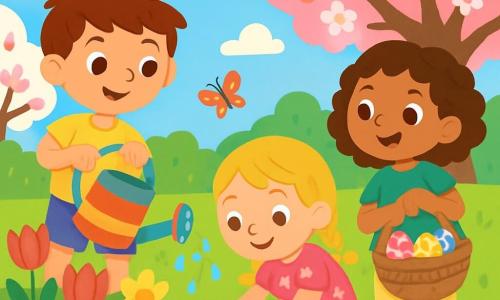 Há 3 personagens: - Miguel: um menino de 6 anos com cabelo castanho bagunçado, vestindo uma camiseta amarela e um short azul. Ele está em pé, sorrindo, segurando um regador colorido. - Lara: uma menina de 5 anos com cabelo loiro trançado, vestida com um vestido rosa florido. Ela está agachada, plantando sementes no jardim. - Sofia: uma menina de 4 anos com cabelo castanho cacheado, vestindo uma camiseta verde e uma calça bege. Ela está em pé ao lado de Miguel, segurando uma cesta cheia de ovos decorados. O local é um jardim primaveril iluminado, repleto de flores vibrantes: tulipas vermelhas, margaridas brancas e narcisos amarelos. Árvores floridas acrescentam um toque de magia, enquanto o céu é de um azul brilhante com algumas nuvens brancas fofas. A situação principal mostra as crianças se divertindo juntas no jardim. Miguel rega as plantas, Lara planta sementes com cuidado e Sofia procura ovos escondidos entre as flores. A atmosfera é alegre e cheia de vida, com borboletas coloridas voando ao redor deles.