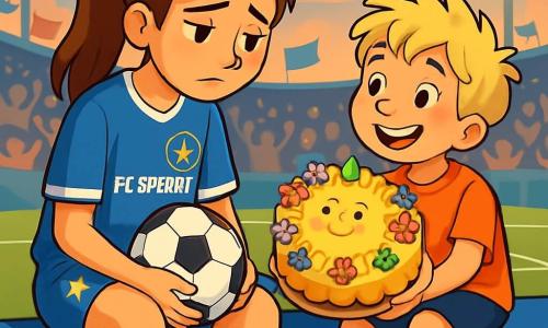 Eine junge Frau, Mia, sitzt auf einer Stadionbank, mit leicht gesenkten Schultern und einem melancholischen Ausdruck im Gesicht. Sie trägt ein leuchtend blaues Fußballtrikot mit dem Logo ihres Teams, FC Sternenblitz, und passende Shorts. Ihre braunen Haare sind zu einem Pferdeschwanz gebunden, und sie hält einen Fußball zwischen ihren Händen und schaut auf den Boden.

Neben ihr sitzt ein kleiner Junge namens Luis, etwa zehn Jahre alt, am Rand der Bank. Er hat zerzauste blonde Haare und ein breites Lächeln im Gesicht. Er hält einen riesigen Kuchen in Form einer Sonne, dekoriert mit bunten Blumen, den er bewundernd betrachtet, bereit, ihn mit Mia zu teilen.

Die Szenerie ist ein lebhaftes Stadion, mit Zuschauern, die applaudieren, und wehenden Fahnen. Der Himmel ist leicht bewölkt, aber die Lichter des Stadions beleuchten das strahlend grüne Feld und schaffen eine warme Atmosphäre trotz der Niederlage.

Die Hauptsituation zeigt Mia, nach einer Niederlage nachdenklich und traurig, während Luis, voller Begeisterung, versucht, sie mit seinem Kuchen zu trösten und diesem schwierigen Moment einen Hauch von Freude und Hoffnung zu verleihen.