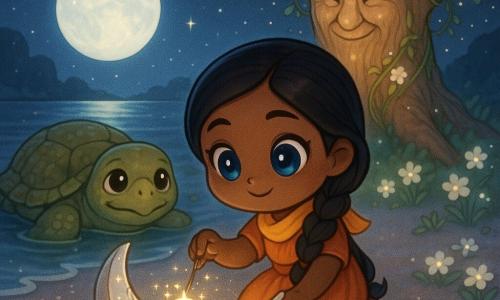 Vidya, een vrouw met een rond gezicht, saffierblauwe ogen en een lange zwarte gevlochten vlecht, knielt op het zilverkleurige zand en lijmt met een lichtmengsel voorzichtig een gebroken maankajak; ze draagt een vloeiende saffraankleurige jurk en een geel sjaaltje. Koorma, een oude reuzenschildpad met wijze ogen en met mos bedekte gerimpelde schild, kijkt bemoedigend vanaf ondiep water naar haar. Op de achtergrond staat de Kadambaboom, een enorm gedraaid stammenhout bedekt met witte bloemen en lianen, met een vriendelijk gezicht in de schors dat zacht goudig licht uitstraalt. De maankajak ligt op de oever: bleek hout met zilveren sterreninleg en lichtgevende barsten waar Vidya een fonkelzalf aanbrengt, waar een klein halo van sterrenstof vanaf dwarrelt. Het is nacht op een diepindigo strand vol fonkelende sterren; het meer weerspiegelt de ronde zilveren maan, het fijne glanzende zand wordt omzoomd door enkele fosforescerende bloemen. De scène toont Vidya die vol aandacht en hoop de gebroken kajak repareert, Koorma die instemmend toekijkt en de Kadambaboom die waakt, in een magische sfeer met pasteltinten en zacht maanlicht.