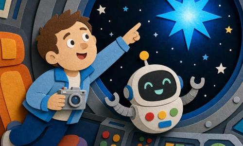 Tim (ongeveer 35 jaar, rond gezicht, kort bruin haar, lichtblauwe jas, verwonderde glimlach) wijst naar een grote blauwe ster en houdt een klein zilverkleurig fototoestel; Bob, een rond robotje met glimlachend scherm, gele antenne en wit lichaam met gekleurde knopjes, zweeft op schouderhoogte en knippert vrolijk; de brug van een ruimteschip heeft een panoramisch rond raam, panelen met rood/groen/gele knoppen en metalen oppervlakken; buiten is een diepe zwarte sterrenhemel met fonkelende sterretjes en een grote blauwe ster die zacht blauw licht de cabine in werpt; situatie: Tim en Bob zweven bij het raam, badend in warm blauw licht, Tim kijkt betoverd en Bob knippert alsof hij zingt, zachte, vrolijke en magische sfeer.