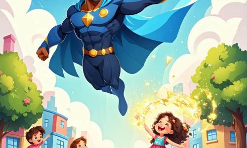 Un hombre alto y sonriente, el Capitán Lúmen, lleva una capa azul brillante que flota en el viento. Sus ojos claros brillan con determinación y su mano emite una suave luz dorada. Vuela en el cielo, rodeado de nubes blancas y esponjosas. A sus pies, una niña de unos 6 años, con cabello rizado y un vestido colorido, levanta los brazos riendo, maravillada por el espectáculo. Ella está en una acera, rodeada de sus amigos que la observan con los ojos muy abiertos. El lugar es una ciudad animada, con edificios coloridos, árboles verdes y niños jugando en un parque abajo. El sol brilla de nuevo, iluminando la escena con una luz cálida. La situación principal muestra al Capitán Lúmen salvando a un gato atrapado en un árbol, mientras la niña y sus amigos aplauden y sonríen, llenos de alegría y admiración.