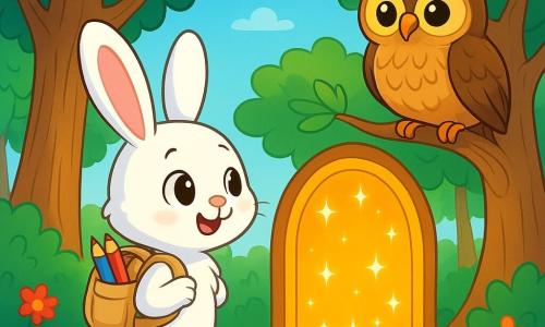 Un pequeño conejo blanco con grandes orejas, llamado Milo, se encuentra frente a una puerta redonda y brillante, con los ojos muy abiertos de curiosidad y una sonrisa maravillada. Su pelaje es suave y sedoso, y lleva una pequeña mochila de tela con lápices de colores que sobresalen. Cerca, un sabio búho de plumas marrones y doradas, posado en una rama, observa a Milo con una mirada amistosa e intrigada. Sus ojos redondos brillan con inteligencia, y parece listo para compartir secretos del tiempo. La escena transcurre en un claro soleado del Bosque Saltarín, rodeado de majestuosos árboles con hojas verdes brillantes y flores coloridas que bailan al viento. La luz se filtra a través de las ramas, creando un juego de sombras y luces en el suelo. Milo, con una mezcla de emoción y aprensión, se prepara para entrar en la puerta mágica, que brilla intensamente, simbolizando la increíble aventura que le espera en el pasado o el futuro.