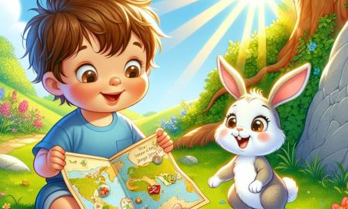 Un niño de un año, con cabello castaño desordenado y ojos brillantes de curiosidad, está sentado en la hierba verde, sosteniendo un gran y colorido mapa mágico. Sonríe con asombro, sus mejillas redondas y rosadas iluminadas por el sol. A su lado, una adorable conejita llamada Lila, con pelaje blanco y grandes orejas caídas, salta de alegría, sus ojos brillando de emoción. El escenario es un jardín soleado, lleno de flores coloridas y un gran árbol majestuoso que ofrece sombra. Al pie del árbol, una roca gris se erige, sobre la cual el niño y la conejita se concentran. La situación principal muestra a Lucas y Lila descubriendo una pequeña caja de madera escondida bajo la roca, con sus rostros iluminados por el hallazgo de un tesoro lleno de colores y juguetes, simbolizando la aventura y la amistad.
