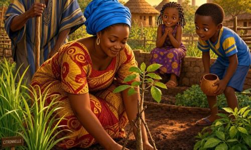 A woman (Faidah), about 35, round gentle face, determined serene expression, dirty hands, squatting to plant a young baobab while wearing a red-and-yellow patterned wrap and bright blue headscarf, attentive calm posture; an old man (~70) with wrinkled skin and bright eyes stands just behind her to the left, leaning on a wooden stick and smiling proudly as he taps the ground; a boy (~8) with short hair stands on tiptoe to the right, wide-eyed and holding a small calabash; a girl (~6) with many braids sits on a low wall in the background, hands clasped and softly laughing; the setting is a medicinal herb garden enclosed by woven branch fencing with neat red-earth beds, bright lemongrass clumps, dark bitter leaf, small thatched huts and distant baobabs under a golden late-afternoon sky; the moment is intimate and calm as the woman sets the young plant into fresh moist soil with twigs supporting the trunk, herbs’ leaves trembling in a light breeze, warm light and earthy textures contrasting with vivid clothing.