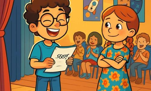 A 10-year-old boy with curly hair and slightly oversized glasses stands on a wooden stage, his face lit up with a radiant smile of excitement and pride. He wears a bright blue t-shirt and jeans, holding a script in his hands, ready to play his role. Next to him, a 10-year-old girl with red hair in braids encourages him with a warm smile, dressed in a colorful floral-patterned dress, standing slightly back with her arms crossed, full of confidence. The setting is a lively community hall with brightly painted walls, show posters hanging up, and chairs filled with eager spectators. The stage is illuminated by sparkling spotlights, creating a magical and welcoming atmosphere. The main scene shows the boy preparing to go on stage for his first performance, surrounded by classmates who applaud and encourage him, illustrating a moment of confidence and camaraderie before the big show.