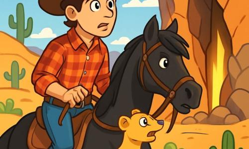 Ein Cowboy, ein Mann in den Dreißigern, mit einem breiten Filzhut, einem roten karierten Hemd und einer Jeans, steht auf seinem Pferd, einem prächtigen schwarzen Hengst namens Blitz. Sein Gesicht zeigt Aufregung und Neugier, mit leuchtenden Augen und einem entschlossenen Lächeln. Neben ihm beobachtet ein junger, neugieriger und schelmischer Goldmarder aufmerksam den Cowboy, bereit, ihn auf seinem Abenteuer zu begleiten. Die Kulisse ist eine weite Landschaft des Wilden Westens, mit sanften Hügeln, verstreuten Kakteen und einem strahlend blauen Himmel, der mit weißen, baumwollartigen Wolken übersät ist. In der Ferne sieht man einen geheimnisvollen Felsspalt, der ein faszinierendes Licht ausstrahlt, umgeben von steilen Felsen. Die Hauptsituation zeigt den zögernden Cowboy, der in den Felsspalt eintreten möchte, sein Blick auf das geheimnisvolle Licht gerichtet, während der energiegeladene Marder ihn zu ermutigen scheint, voranzuschreiten.
