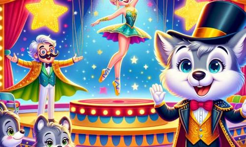 Un pequeño lobo llamado Lupi, con un suave pelaje gris y ojos brillantes de curiosidad, se encuentra en el centro de la escena, sonriendo con entusiasmo mientras aplaude. A su lado, el mago Don Magico, un hombre con un gran sombrero de copa y una capa colorida, hace un gesto espectacular con su varita, mostrando una expresión alegre y concentrada. Al fondo, la trapecista Rita, una hermosa mujer en un traje brillante, se lanza graciosamente al aire, con una radiante sonrisa en su rostro. El lugar es una gran carpa de circo, iluminada por luces brillantes y coloridas, con estrellas brillantes dibujadas en las paredes y un suelo de paja dorada. La escena está decorada con globos y guirnaldas, creando una atmósfera festiva y mágica. La situación principal muestra a Lupi, maravillado, aplaudiendo con alegría mientras Don Magico realiza un increíble truco de magia, mientras Rita realiza acrobacias impresionantes sobre ellos, cautivando la atención de todos los espectadores.