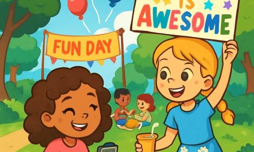 There are two main characters: Maya, an 8-year-old girl with curly brown hair, wearing a pink t-shirt and denim shorts. She is sitting on the grass with a bright smile on her face, holding a small device. Zoe, also 8, has braided blonde hair, dressed in a blue t-shirt and a floral skirt. She is next to Maya, waving a colorful sign that says 