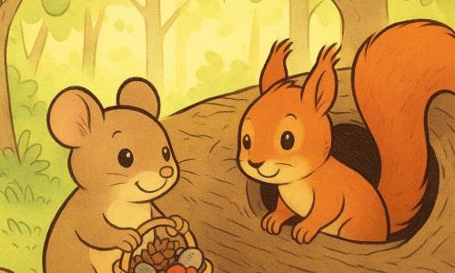 Mossy, a small mouse with a round belly and bright eyes, stands in front of a fallen tree trunk with a shy but warm smile. He holds a small basket made of leaves filled with smooth pebbles, a pine cone, and three berries. Another curious little face, that of a squirrel with sparkling eyes and reddish fur, emerges from the tree trunk, watching Mossy with a friendly expression. The scene takes place in a bright forest with trees bearing light green leaves and a carpet of soft moss. The sun filters through the branches, creating patches of golden light on the ground. Mossy and the squirrel are about to become friends, symbolizing the start of a new friendship.