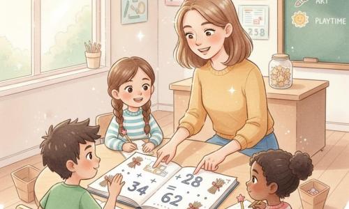 A reassuring smiling female teacher with a light-brown bob, wearing a mustard sweater and blue skirt, crouches by a table showing a large open workbook reading 34 + 28 = 62 with small drawings of tens tied with a ribbon; an about-8-year-old spiky-haired boy in a green T-shirt sits left, leaning forward with his hand raised, an about-8-year-old girl with brown braids and a striped sweater sits right smiling and holding a pencil, and a about-7-year-old girl with a star-shaped eraser on her pencil looks at the workbook with a shy smile; the warmly lit classroom has tables in clusters like boats, colorful number and alphabet posters, a clean board behind the teacher with a daily list, a glass jar of paper stars on the desk, and the scene shows a calm, joyful discovery as the teacher explains tens and units with drawings of dots and bundles of ten illustrating trading to the tens column, in a friendly atmosphere with pastel colors, watercolor textures and white highlights on window reflections and paper details.