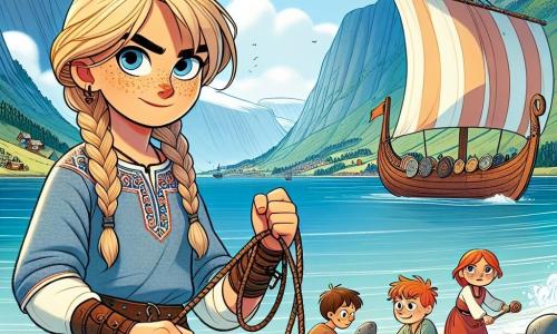 Una mujer vikinga, Sigrid, se encuentra en la playa, con el cabello rubio trenzado y una expresión decidida y suave en su rostro. Lleva una túnica de lino azul, adornada con motivos nórdicos, y botas de cuero. Sigrid sostiene una cuerda en sus manos, lista para unir a amigos separados por disputas. A su lado, un niño de aproximadamente 12 años, Gunnar, con el cabello castaño desordenado y ojos brillantes, mira a Sigrid con curiosidad, sosteniendo un pequeño trozo de madera tallada en su mano. Un poco más lejos, una niña de 10 años, Torvi, con cabello rojo y pecas, sonríe tímidamente, observando la escena mientras juega con una piedra pulida. El lugar es un fiordo majestuoso, con montañas escarpadas reflejándose en el agua cristalina, rodeado de bosques de coníferas. El cielo es de un azul brillante, salpicado de nubes blancas esponjosas, y el viento hace danzar las olas. La situación principal muestra a Sigrid, con determinación, preparando un puente de madera simbólico para reunir a los dos grupos de pescadores, mientras Gunnar y Torvi la observan, listos para ayudarla en su búsqueda de reconciliación.