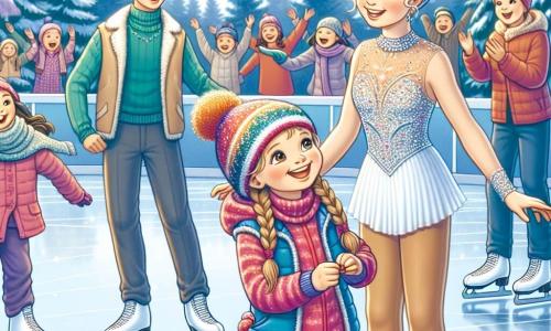Op de voorgrond is Mila, een 10-jarig meisje met bruin gevlochten haar en een grote glimlach, die haar schaatsen aantrekt op het glanzende ijs van de schaatsbaan. Naast haar moedigt Sara, een ander 10-jarig meisje met krullend blond haar en een kleurrijke muts, haar enthousiast aan. Iets verderop staat Lotte, een beroemde 25-jarige schaatser, met een gracieuze houding, gekleed in een sprankelend wedstrijdoutfit en glimlachend naar de kinderen. De scène speelt zich af op een levendige schaatsbaan, omringd door besneeuwde dennenbomen en zacht vallende sneeuwvlokken uit de blauwe lucht. Kinderen schaatsen vrolijk op de achtergrond, terwijl ouders applaudisseren en aanmoedigen. De hoofdactie toont Mila en Sara die hun schaatsbewegingen oefenen, met gelach en aanmoedigingen, terwijl Lotte hen vriendelijk observeert, klaar om advies te geven.