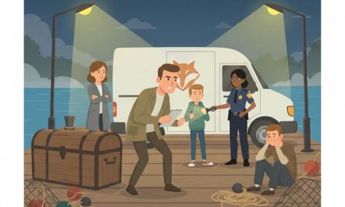 A lead detective, serious but kind, short brown hair, khaki jacket and notebook, leans forward watching a stopped white van; an ~11-year-old boy with chestnut hair and hood down stands slightly behind him, nervous but proud, holding a small USB device; a female police officer with medium-dark skin in a blue uniform shines a flashlight and firmly but calmly confronts the van’s driver; a female supervisor in a gray coat stands to the side with arms crossed, watching with concern and relief; a frightened young man named Leo in his mid-20s sits on the dock edge, head down and hands trembling. The scene: a wooden river pier at night with yellow lamplights, light mist over the water, ropes, buoys and a faded fox-logo van parked by a large wooden chest. The situation: a controlled, calm confrontation at Pier 4 as police and detective stop suspects preparing to leave; van immobilized, characters arranged in a triangular composition, night-time but reassuring mood, flat colors, strong contrasts, simple silhouettes and geometric shapes, childlike readable gaze.