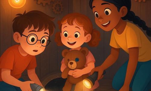 Tommy, a 10-year-old boy with a round freckled face, short messy brown hair and thin glasses, crouches holding a small silver camera and shines its light into a dark hole; his little sister Mia, about 6, with curly hair in pigtails and a relieved, joyful face, clutches a brown teddy bear with a large blue button eye and stands beside him; their friend Riya, also 10, energetic with braided black hair and brown skin, leans forward shining a yellow flashlight down a narrow fabric-lined tunnel to reveal a small pile of toys and the teddy, the blue button highlighted, dust motes sparkling; they are in an escape-room styled room with faux aged wood walls, copper gears, warm filament lamps and a dusty plank floor, composition intimate and centered with expressions of wonder and relief.