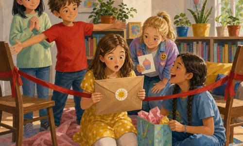 Five children at a bright living-room 