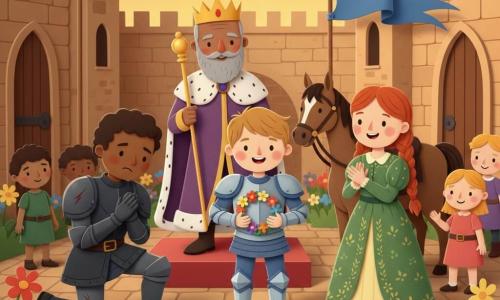 A young boy knight, Sir Oliver, smiling and brave with light brown hair and silver armor with blue details, holds a small colorful flower crown and presents it proudly; a young girl, Lady Eliza (about 16), with braided red hair and a green patterned dress, applauds joyfully standing to his right near his horse; an adult man, Sir Cedric (about 25), a knight with an embarrassed expression and dark scratched armor, kneels left before Sir Oliver with head bowed in repentance; an older king (about 50) with a trimmed gray beard, purple robe, and golden scepter smiles softly from a small dais behind them; setting: paved castle courtyard with warm stone walls, red and blue banners, children in costume and flowers, bathed in golden twilight light; scene: a moment of forgiveness and return of the crown with gentle gestures, sincere expressions, a warm peaceful atmosphere, bold colors and simple paper-cut silhouettes.