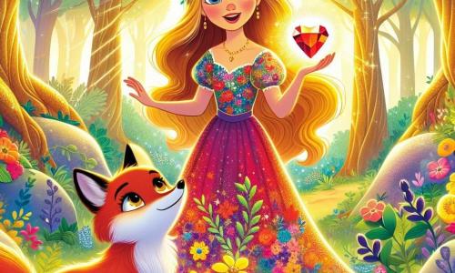 A woman named Eloise, around 30 years old with long golden hair and sparkling eyes full of curiosity, stands in the center of an enchanted forest. She wears a light, multicolored floral dress, and her face radiates joy and determination. Beside her is a small fox with fur as black as night and bright, sad eyes, looking at Eloise with hope. The scene is set in a magical forest with golden tree trunks and shimmering leaves. Colorful flowers dance in the wind, and rays of light filter through the foliage, creating a fairy-tale atmosphere. Eloise reaches for the heart of the forest, a brilliant red gem, ready to return it to its place to bring light back to the kingdom. The fox beside her appears hesitant but determined to make the right choice.