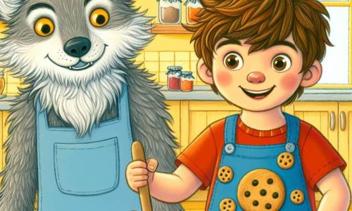 Een 4-jarig jongetje, Tim, met tousled kastanjebruin haar en sprankelende nieuwsgierige ogen, staat in een lichte keuken, enthousiast glimlachend terwijl hij ingrediënten in een grote kom mengt. Hij draagt een rode t-shirt met koekjesmotieven en een blauwe schort. Naast hem kijkt de Grote Boze Wolf, met een grijze vacht en heldergele ogen, verwonderd toe, terwijl hij een houten lepel vasthoudt, klaar om ingrediënten aan de kom toe te voegen. De keuken is warm, met gele muren, planken vol met potten jam en een open raam dat zonlicht en het gezang van vogels binnenlaat. De belangrijkste situatie toont Tim en de wolf die samen koekjes bereiden, wat een moment van samenzijn en vreugde illustreert, waar de wolf leert vriendelijk te zijn en plezier te hebben met koken.