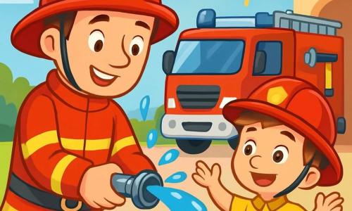 Ein junger Mann, der Feuerwehrmann Max, lächelt begeistert in seiner leuchtend roten Uniform mit glänzendem Helm. Er zeigt einem etwa 6 Jahre alten Jungen, der große, staunende Augen hat und einen kleinen Feuerwehrhelm trägt, ein kleines Metallteil. Der Junge steht neben Max mit erhobenen Armen vor Aufregung. Der Ort ist eine lebhafte Feuerwache mit einem großen roten Feuerwehrwagen im Hintergrund, Rettungswerkzeugen an den Wänden und bunten Blumen im Garten. Die Hauptsituation zeigt Max, der Tim erklärt, wie die Feuerwehrgeräte funktionieren, während glitzernde Wasserfontänen um sie herum spritzen und die Sonne fröhlich am klaren blauen Himmel scheint.